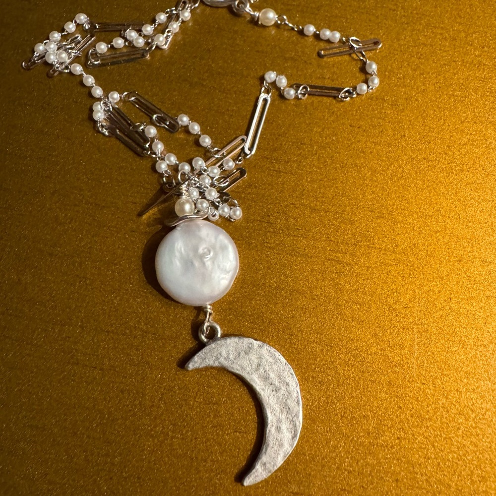Silver Crescent Moon Pearl Necklace